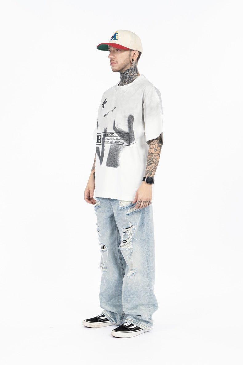 SUPER WAY Letter Printing Gradual Change Spray Color Casual Tee