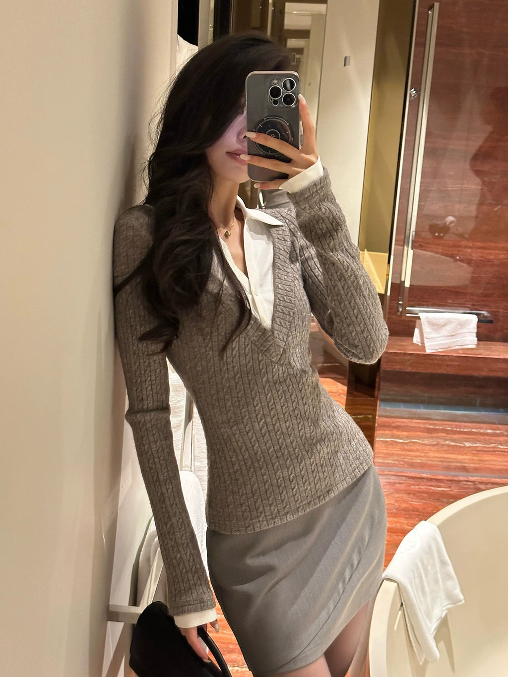 LLROGE Wool Stitching Fake Two-piece Shirt Skirt Set