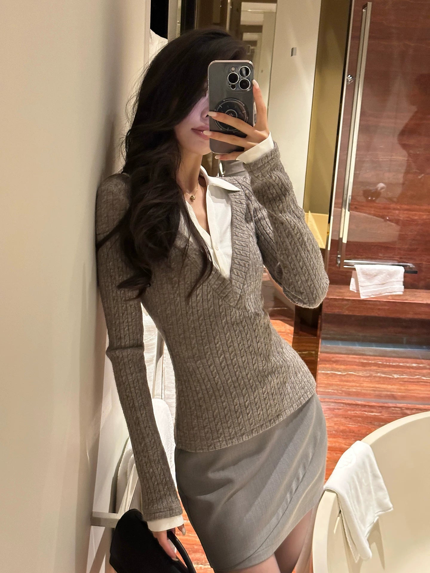 LLROGE Wool Stitching Fake Two-piece Shirt Skirt Set