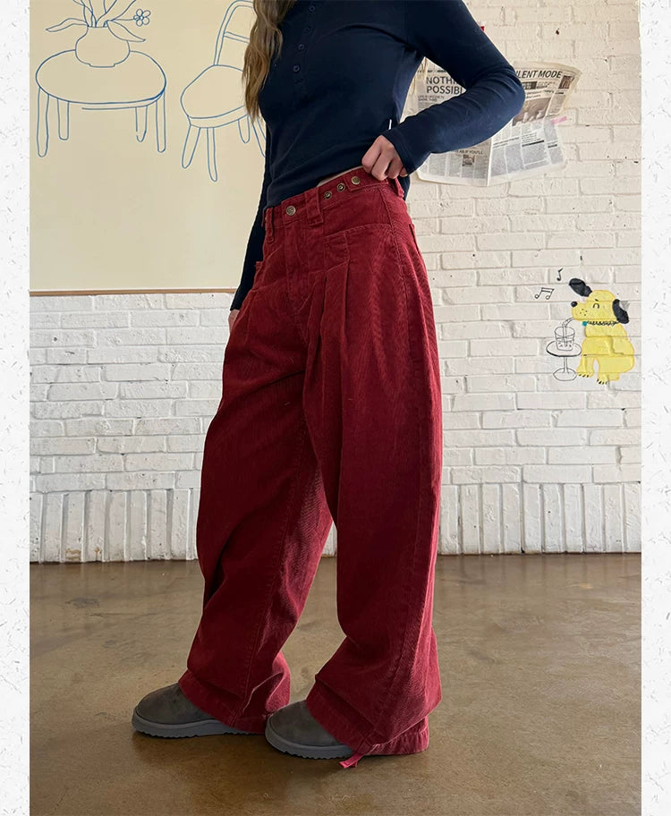 CCYE Corduroy Adjustable Waist Wide Leg Pinch-pleated Casual Pants