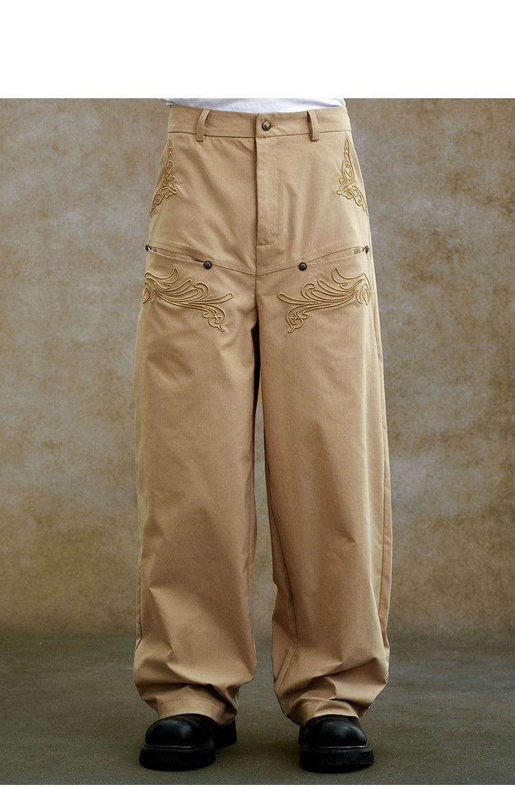 YADcrew Three-dimensional Line Embroidery Straight Tube Wide Overalls