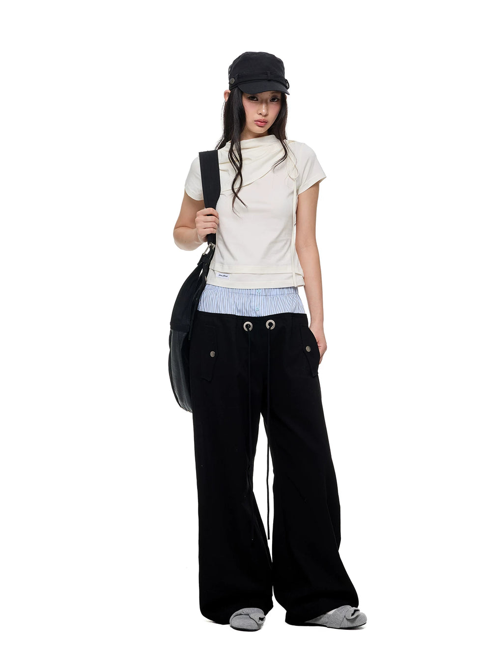 JIKOO Knot Vertical Pleated Shoulder Collar Casual Tee