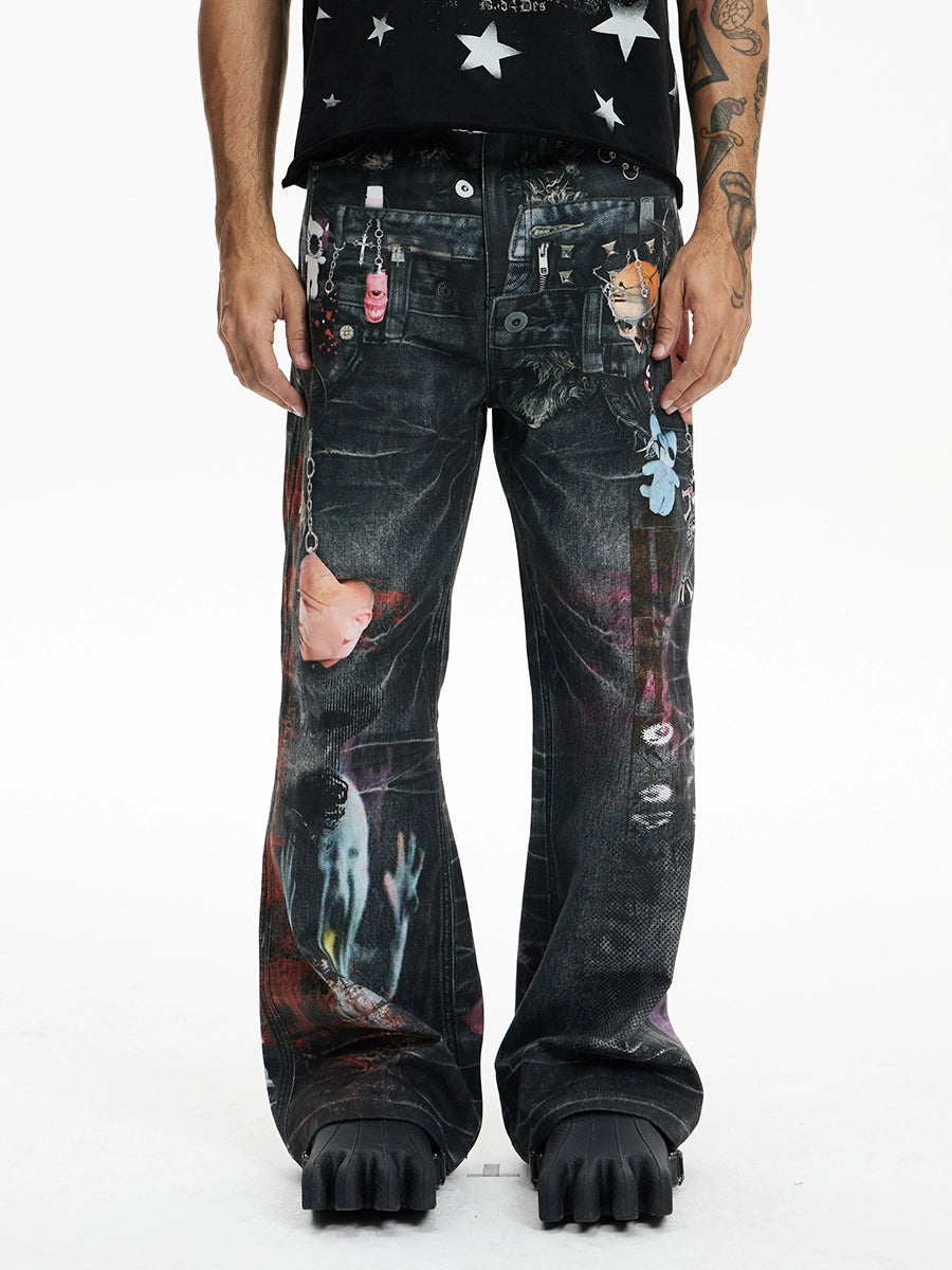 DND4DES Dark Wind Cartoon Printed Straight Jeans
