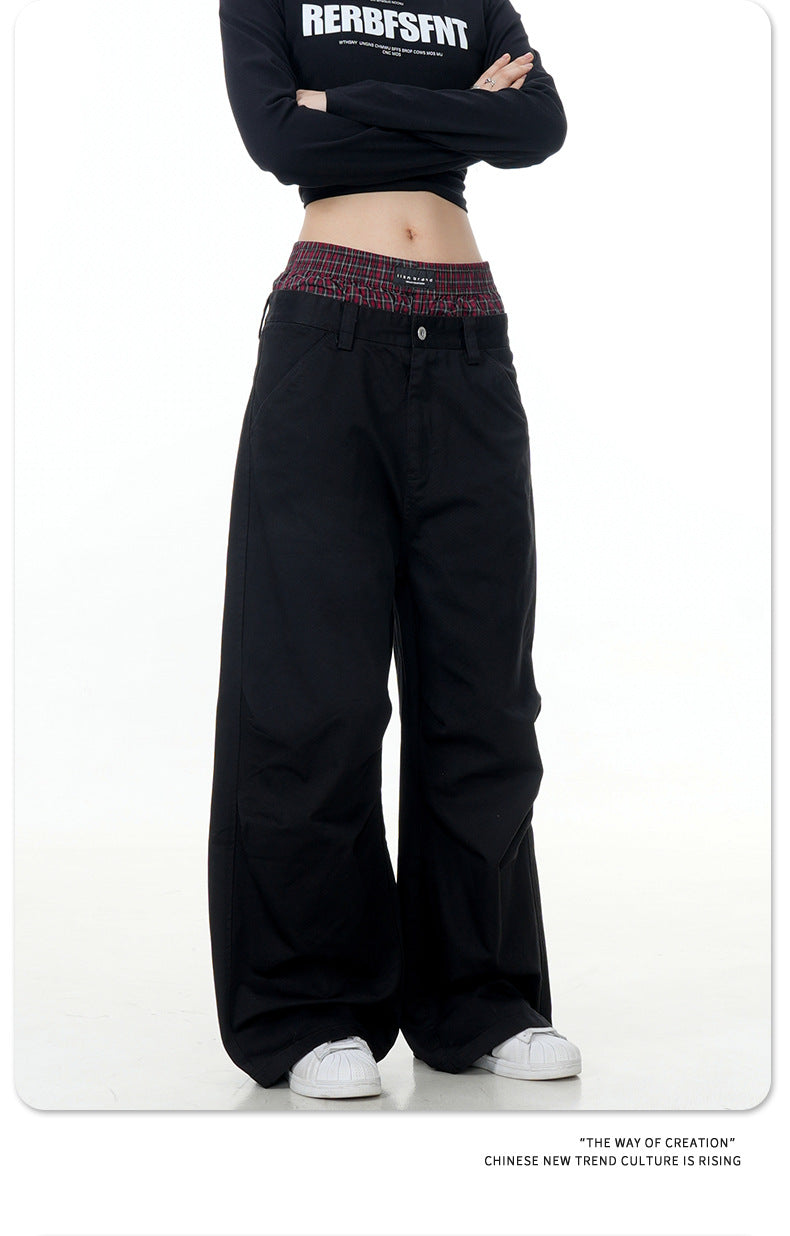 11KN Plaid Splicing Casual Straight-leg Pants