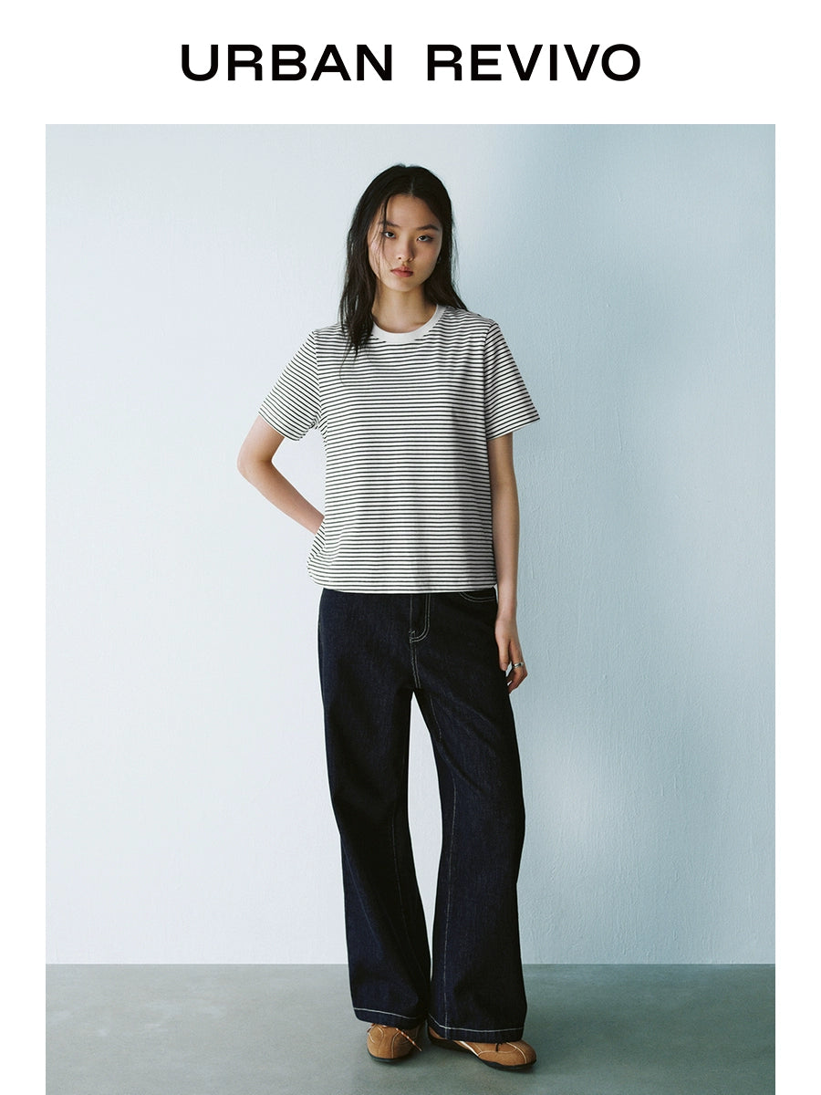 URBAN REVIVO Contrast Striped Crew Neck Short Sleeve T-Shirt