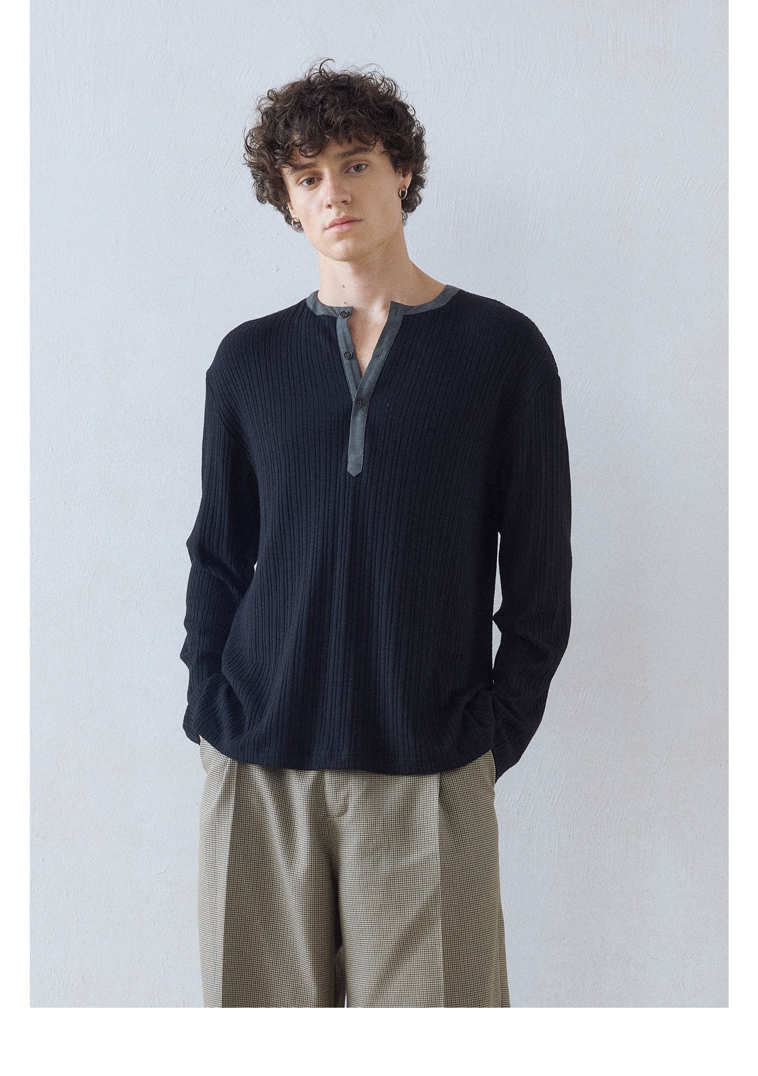 DIMC Henry Collar Button Casual Long Sleeve