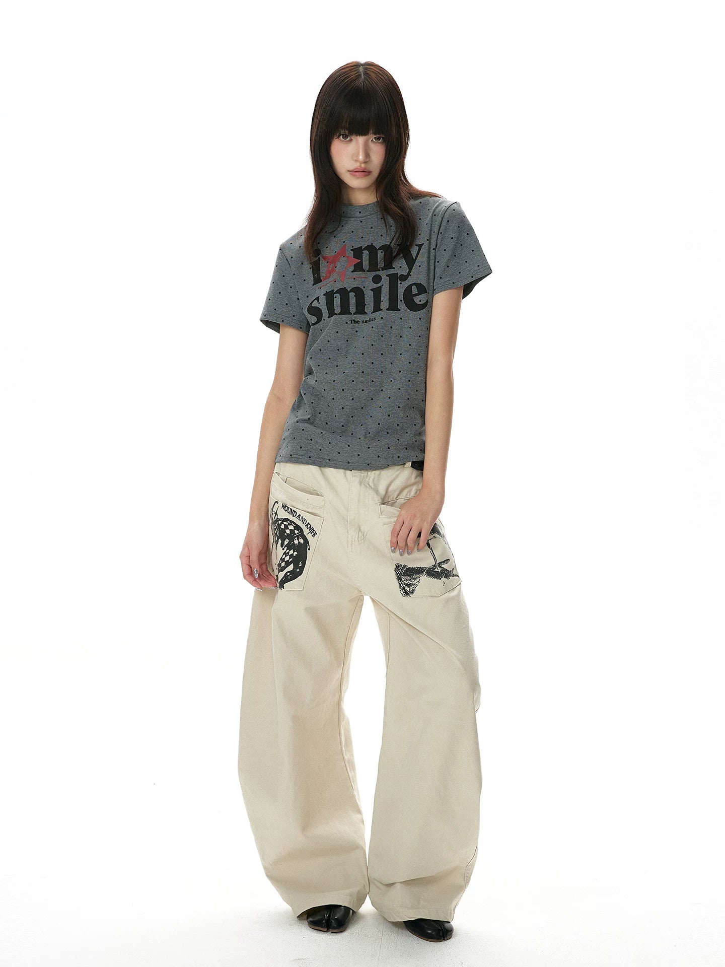 A PUEE Retro Polka Dot Round Neck Front Shoulder Slim Tee