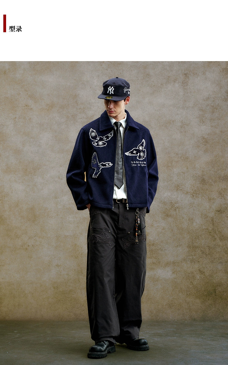 YADcrew Three-dimensional Line Embroidery Straight Tube Wide Overalls