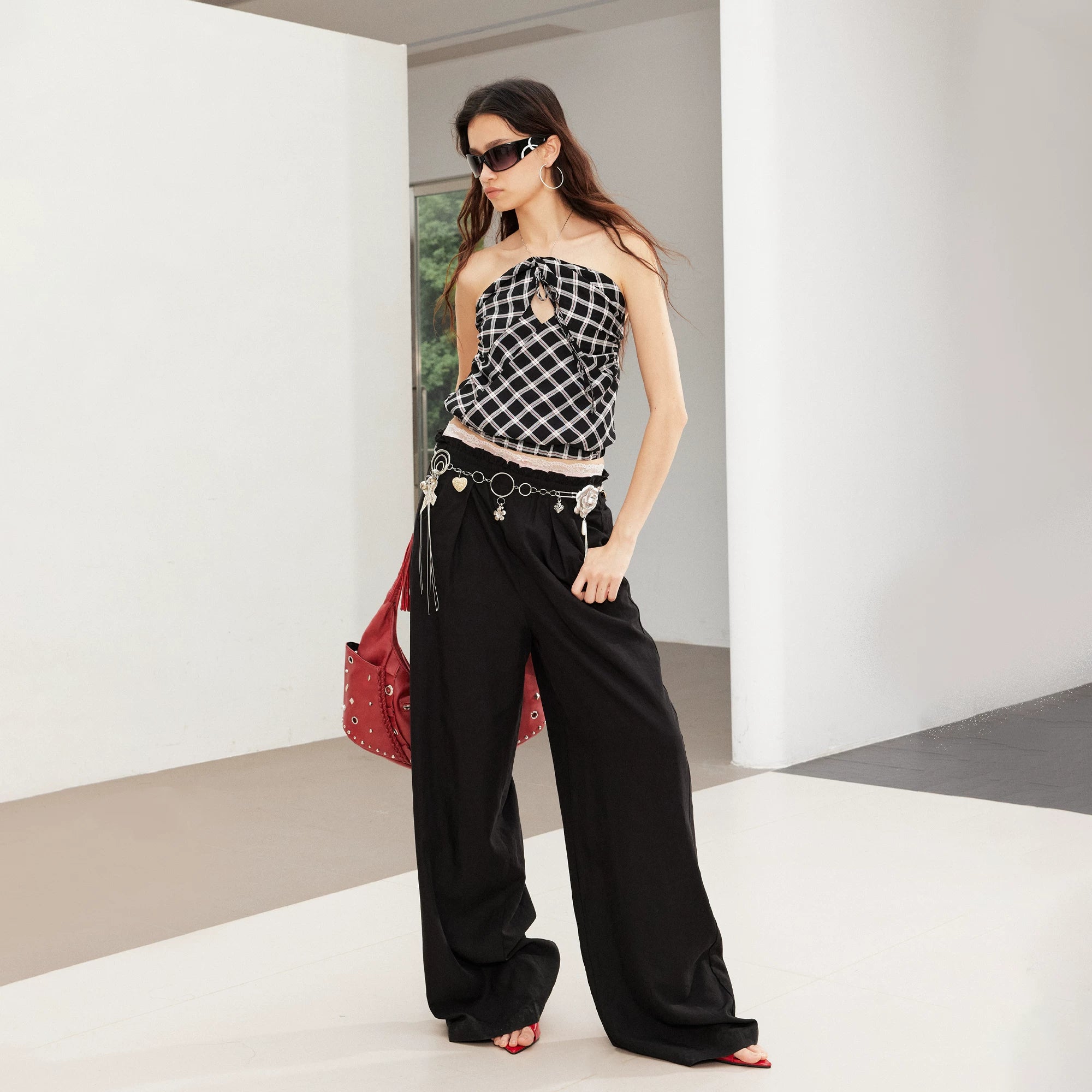 2th Desire Vintage Contrast Waist Lace Splicing Loose Straight Pants