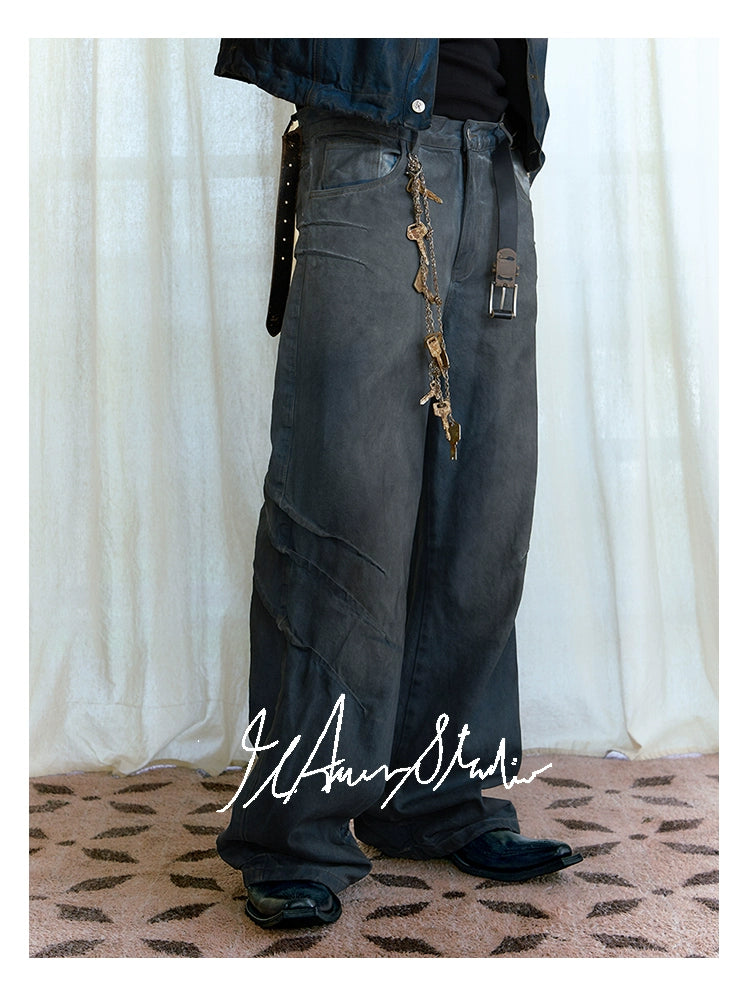 JCAESAR Scratch Dirty Wash Glazed Casual Jeans