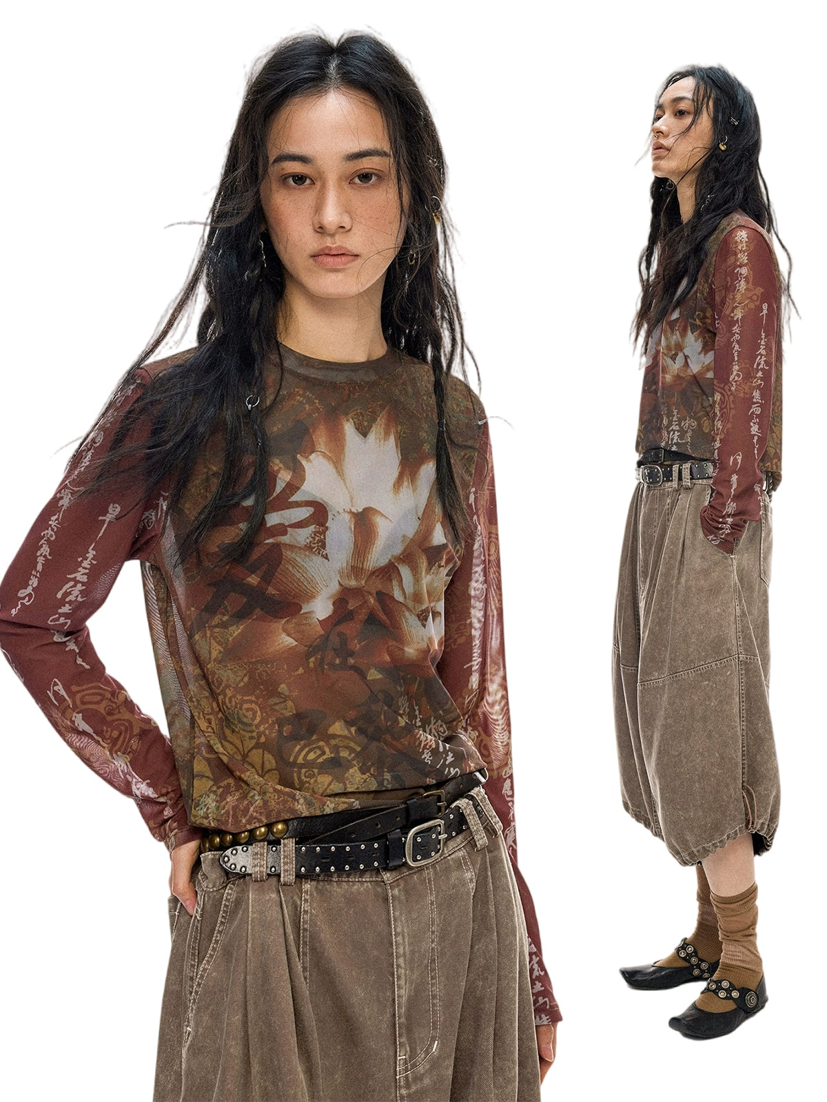 PHYS Vintage Micro Transparent Mesh Straight Front Shoulder Long Sleeves