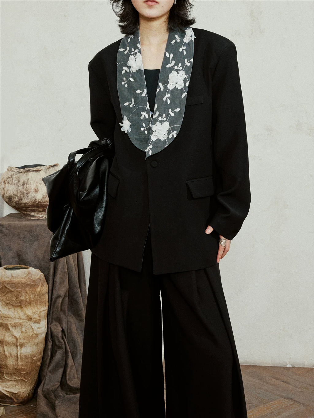 SUNYVONNE Flower Lace Collar Spliced Blazer