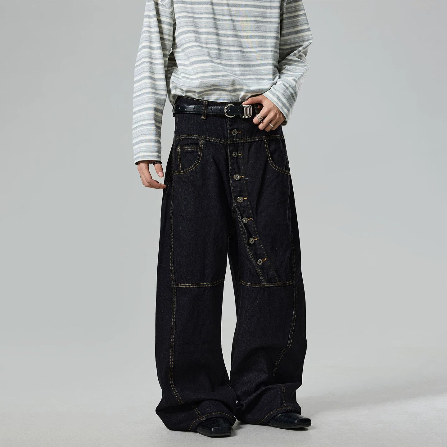 BTSG niche retro design diagonal baggy loose wide-leg jeans