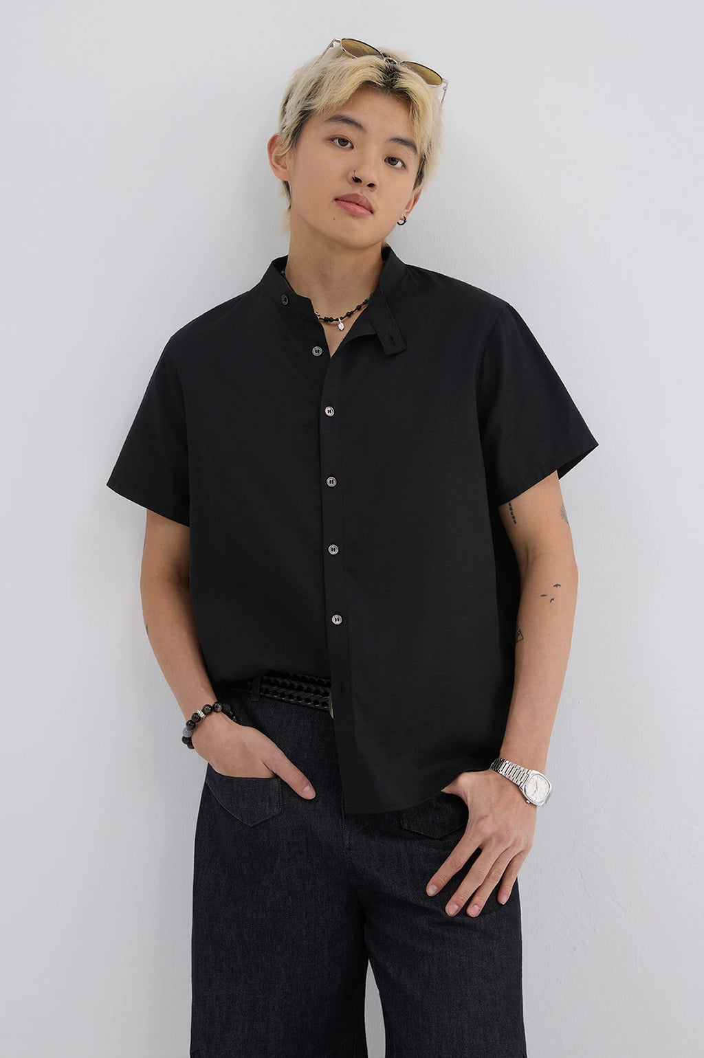 Sameuoo Stand-up Collar Linen Casual Shirt