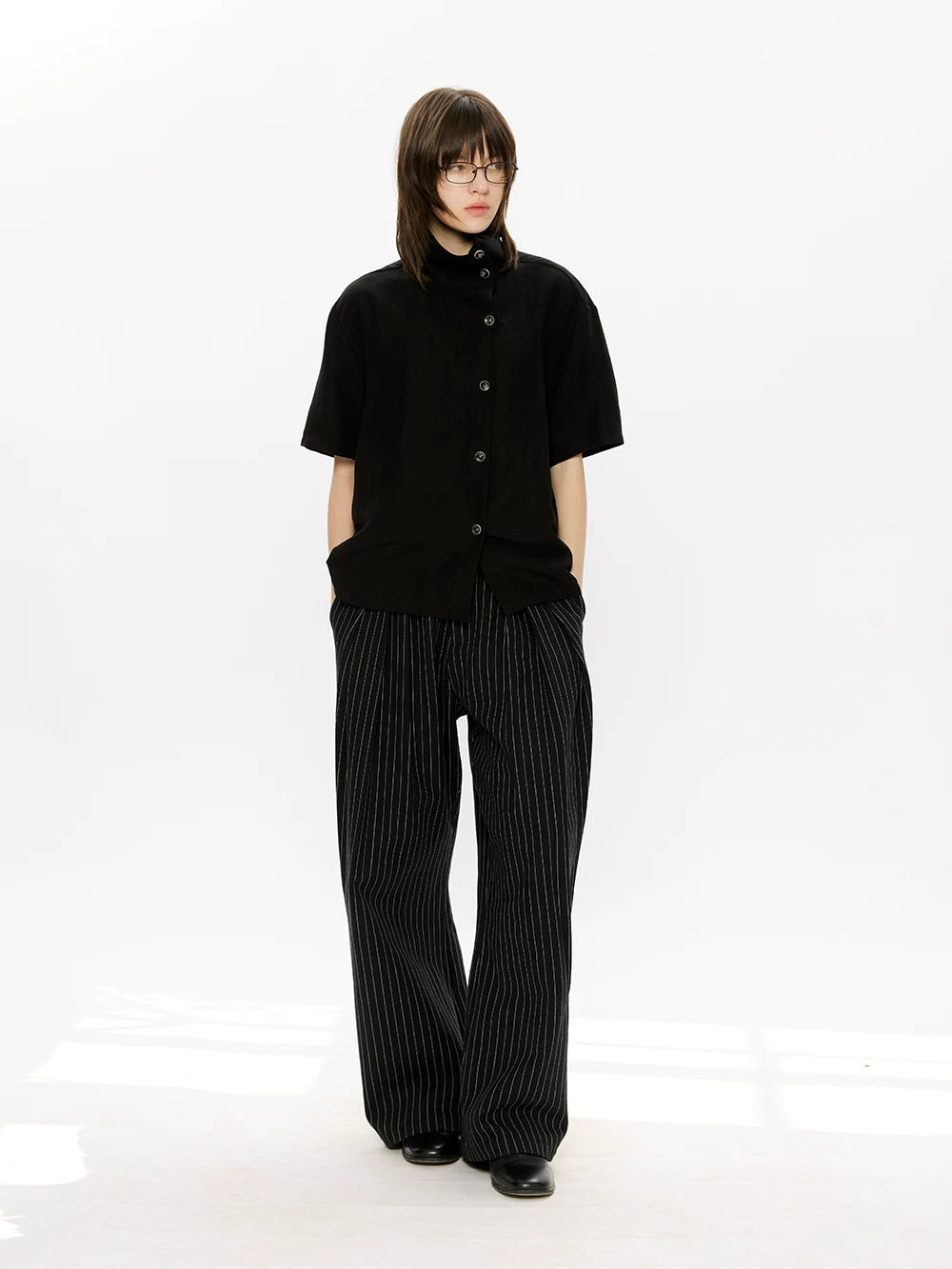 KREATE Stand-up Collar Handmade Contrasting Button-up Shirt