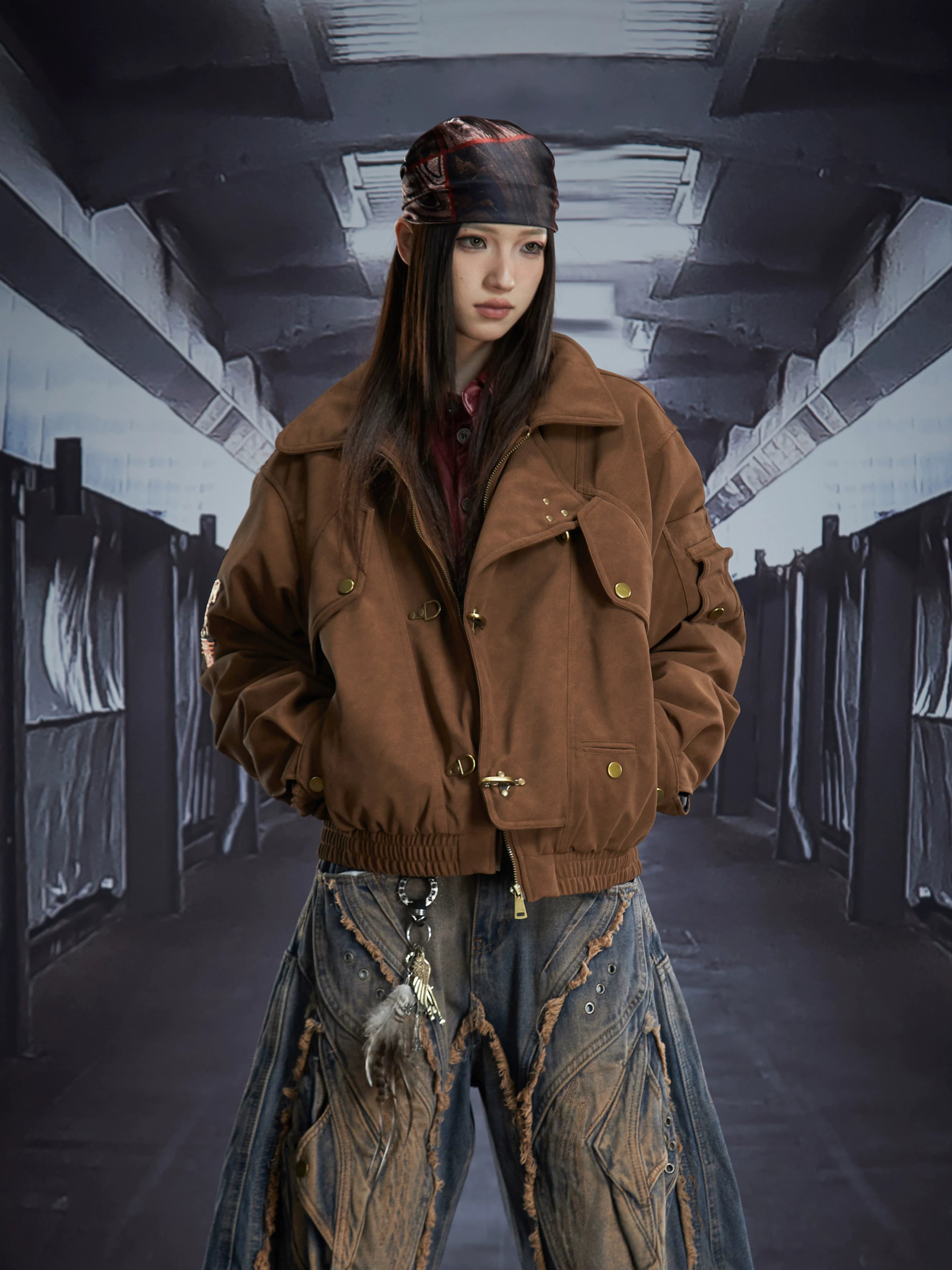 NOMANIAI Matte Textured PU Leather Embroidered Lapel Jacket