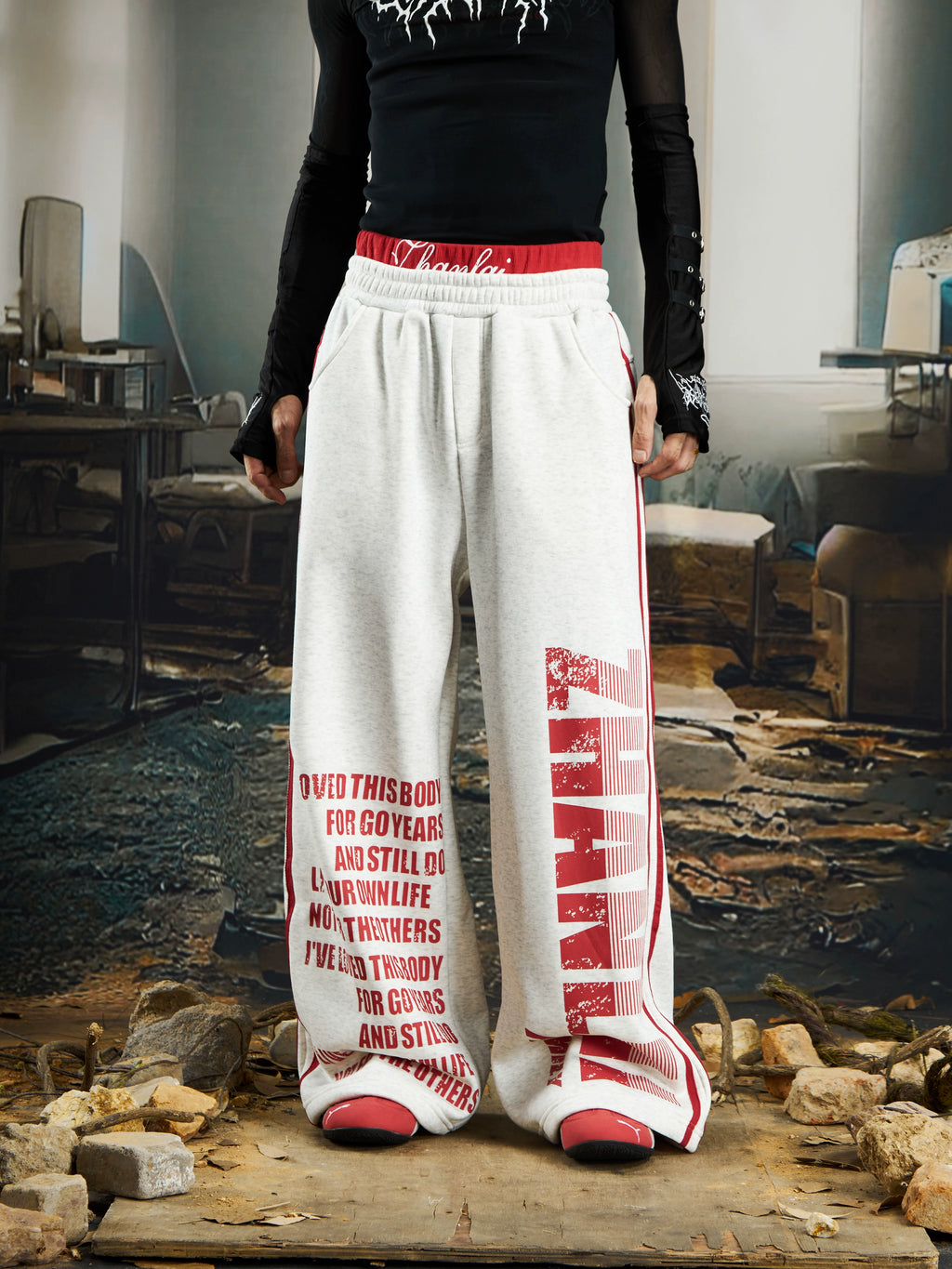 NOMANIAI Double Waist Contrasting Color English Printed Loose Sweatpants