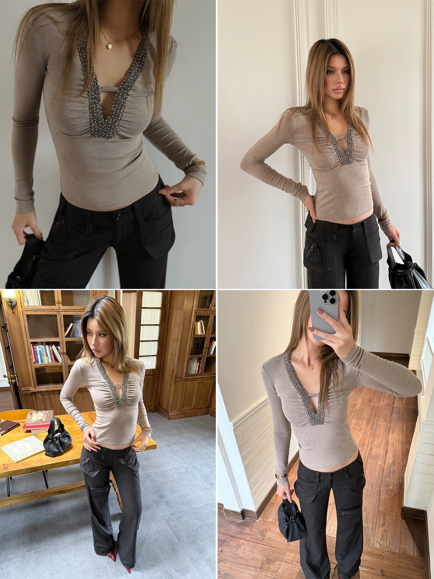 Audwyn V Neck Bead Slim Sleeve