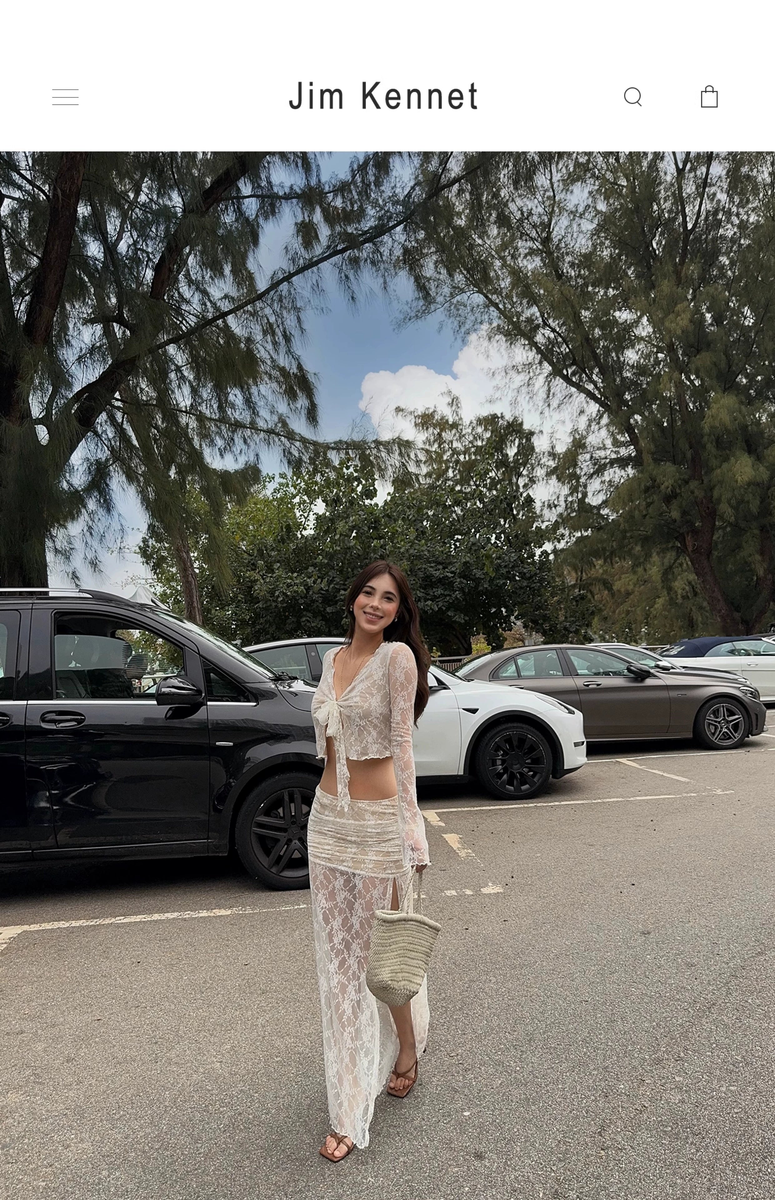 Jim Kennet Lace Jacquard Strap Cardigan High Slit Skirt Set