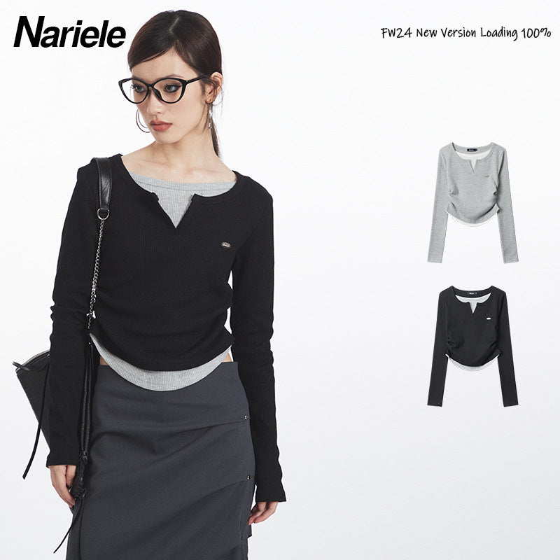 Nariele Fake Two V-neck Pleats Waist Slim Long Sleeves