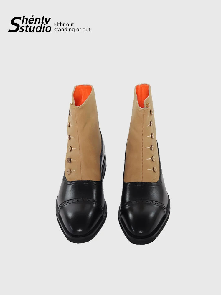 SHENLV STUDIO Pointed-toed Color-matching Short Leather Boots