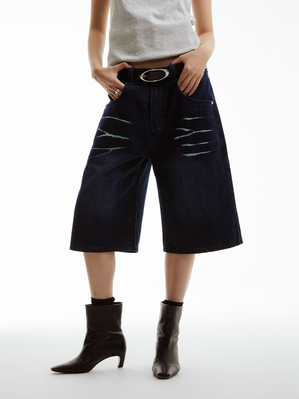 FUNKYFUN 2024SS Ice crack cat whisker washed denim shorts