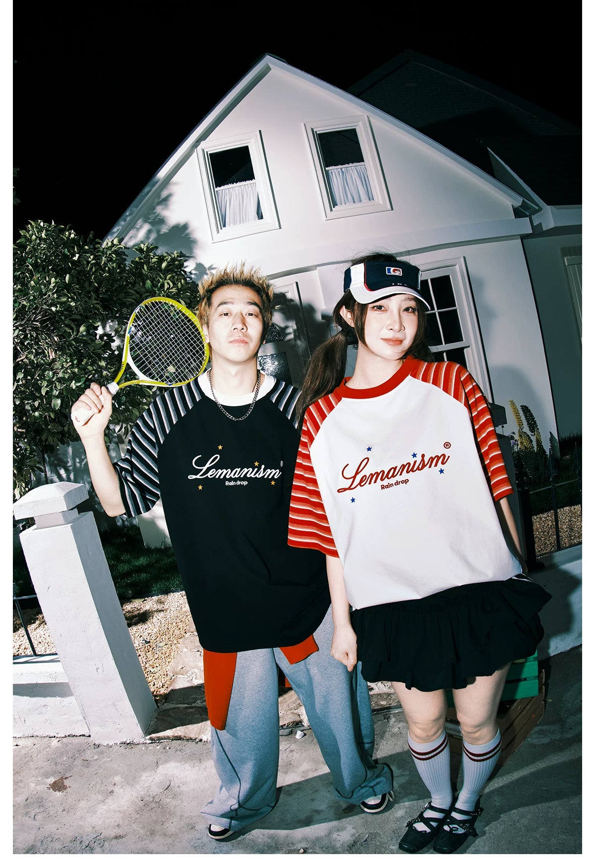 Lemanism Stripe Contrast Shoulder Letter Casual Tee