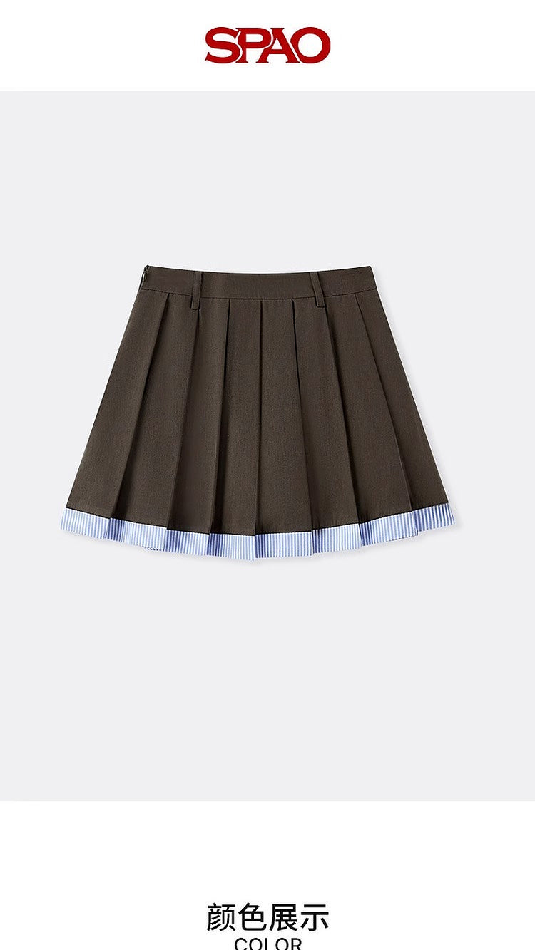 SPAO Korean Style Women's Stitching Striped Pleated Skirt SPWHF23G71