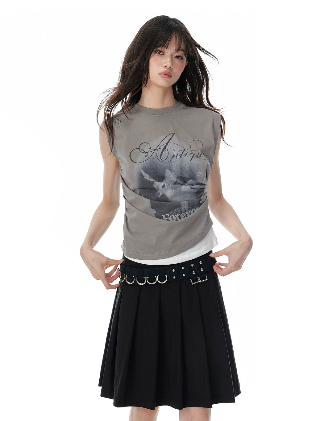 JIKOO Printed Asymmetrical Fake Two-piece Vest