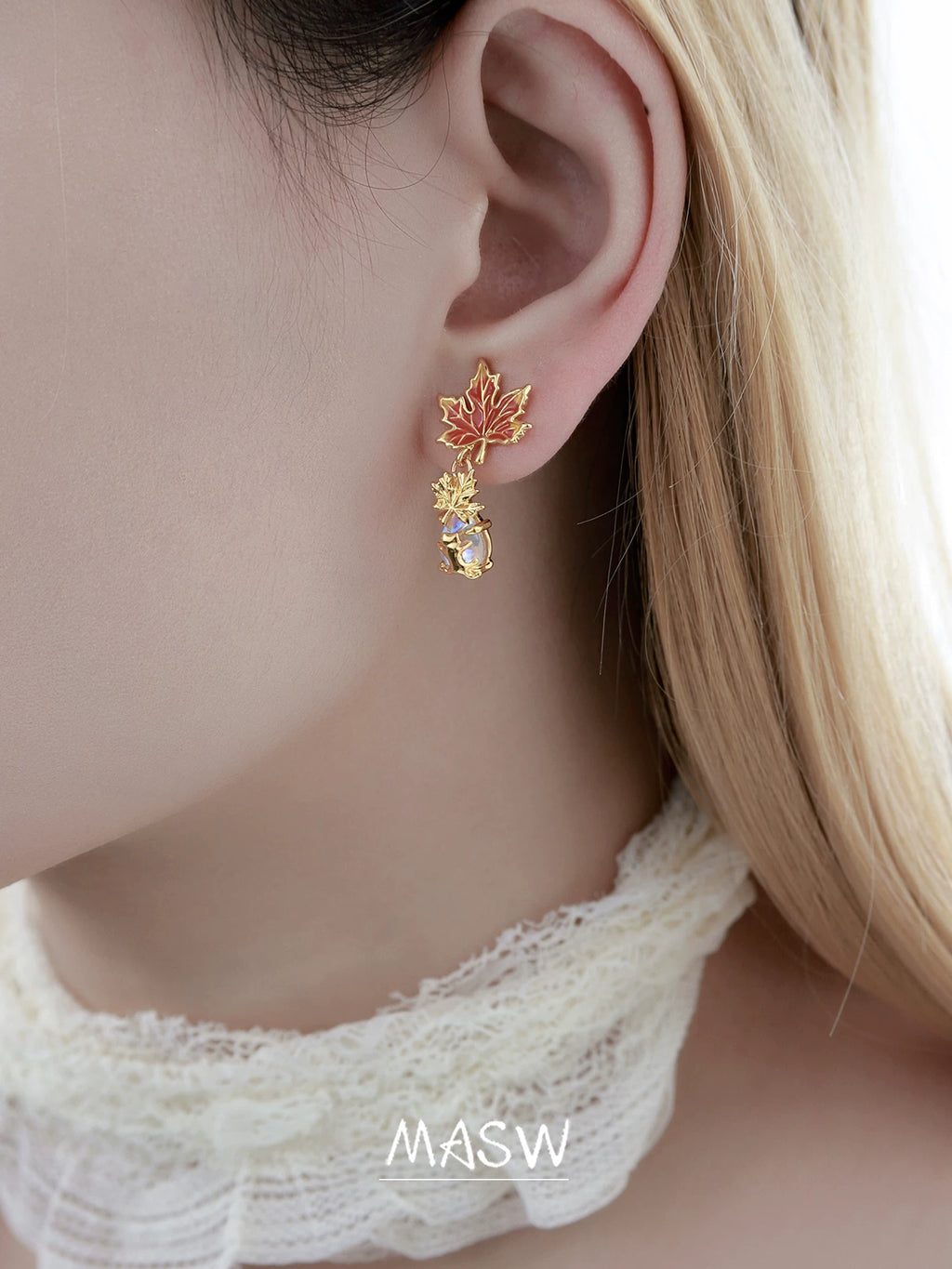 MASW Orange Maple Water Drop Cat Stud Earrings