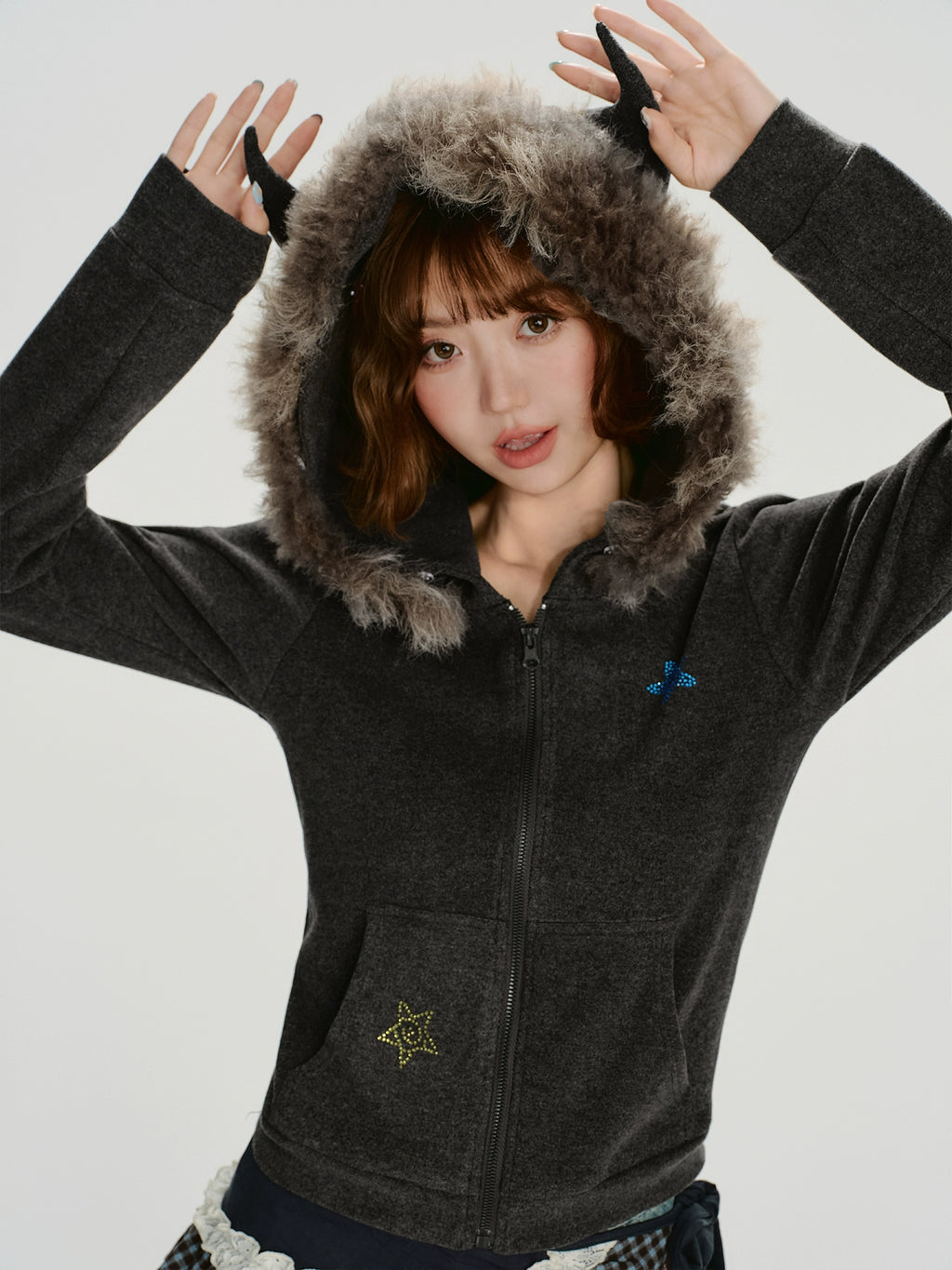 Girlyhalo Vintage Slim Fit Fur Collar Hooded Sweater Jacket