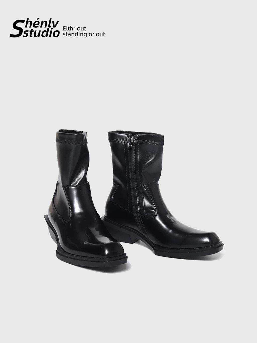 SHENLV STUDIO Glossy Side Zipper High Heel Square Head Leather Shoes