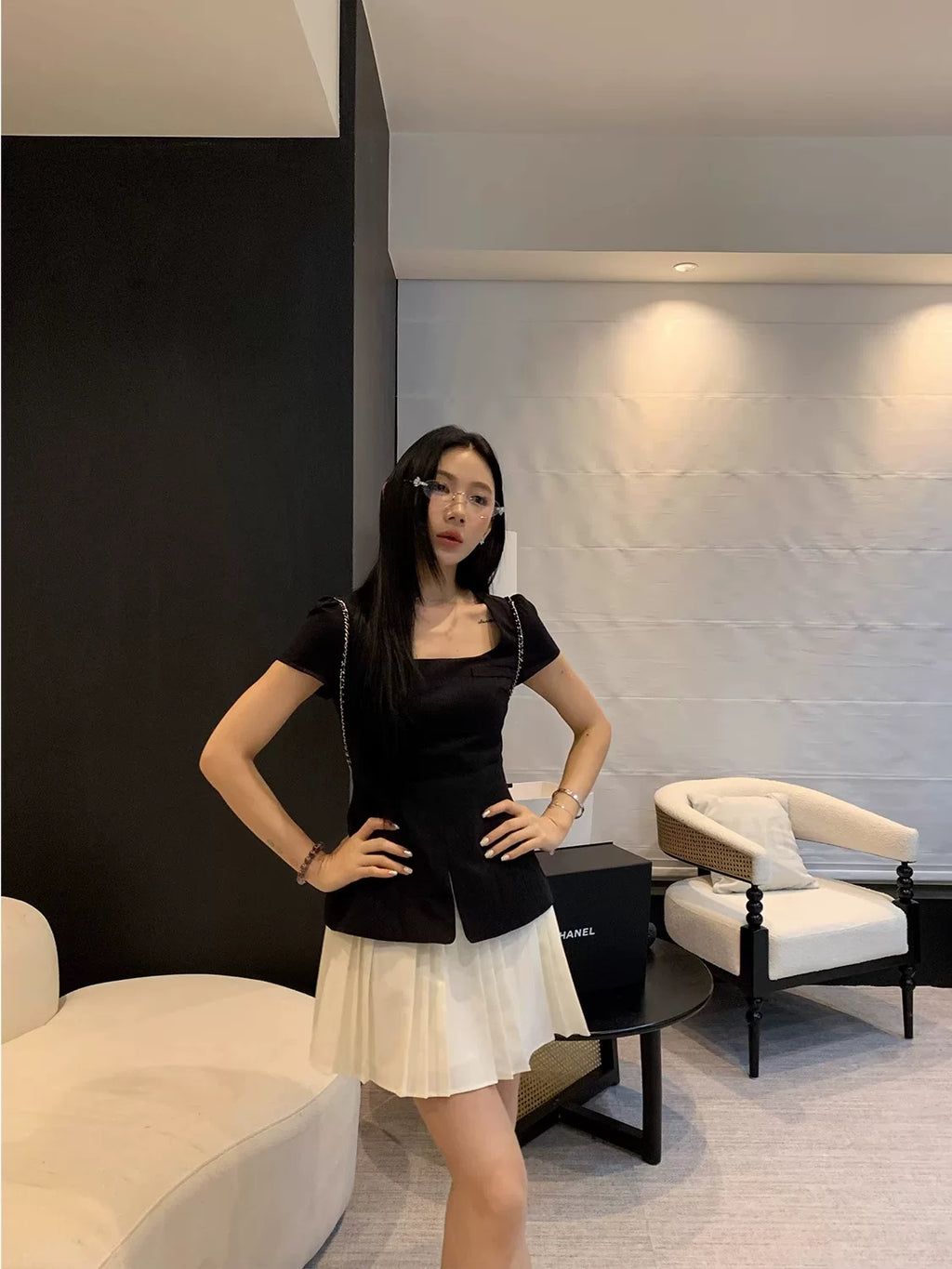 YOUNG KYLIN Contrasting Splicing Fake Two-piece Pleated Dress