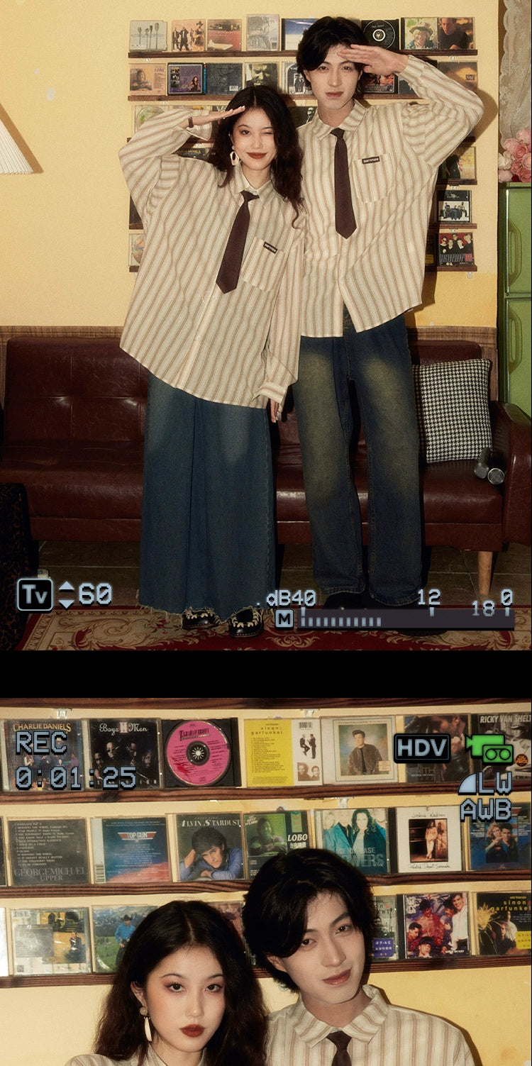 ALOHA Vintage Hong Kong Style Tie Long Sleeve Striped Shirt