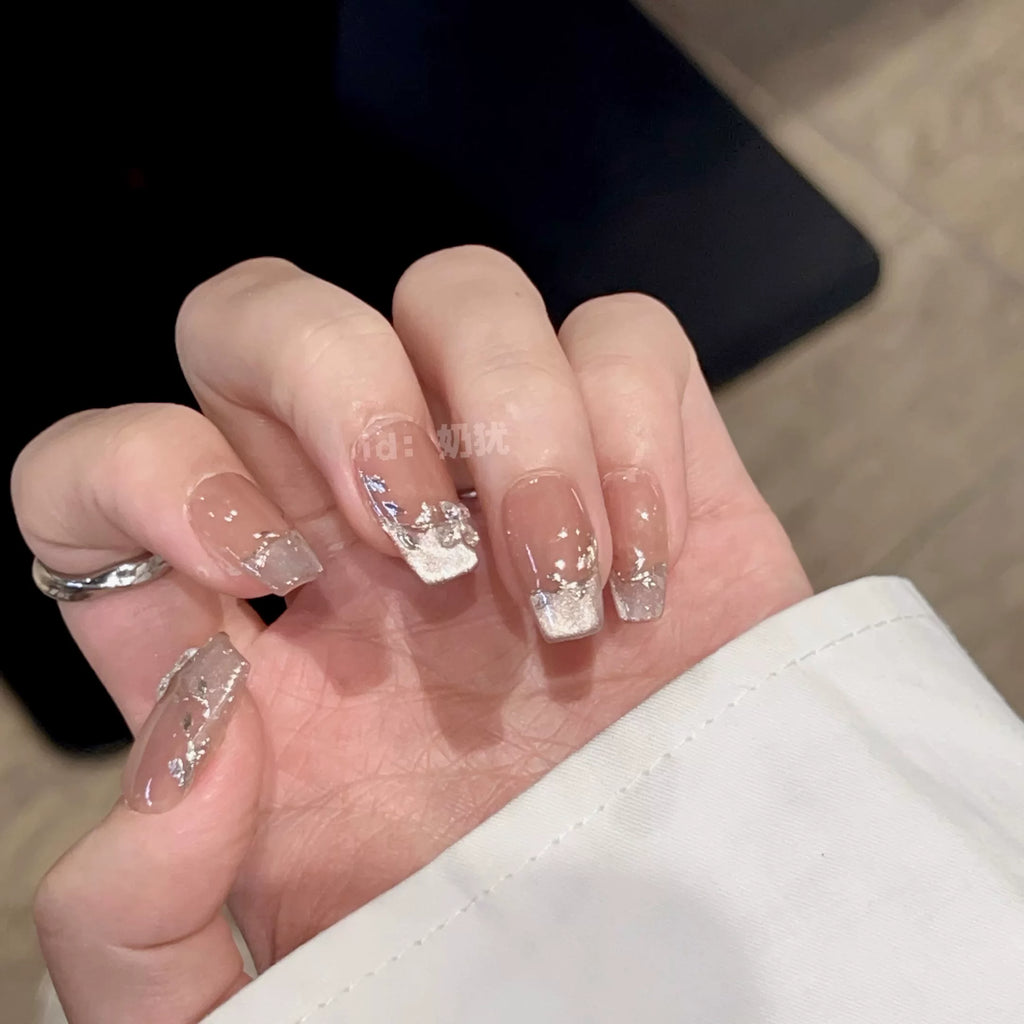 Beetle Nails Champagne Silver Hand-Painted Press-On Nails