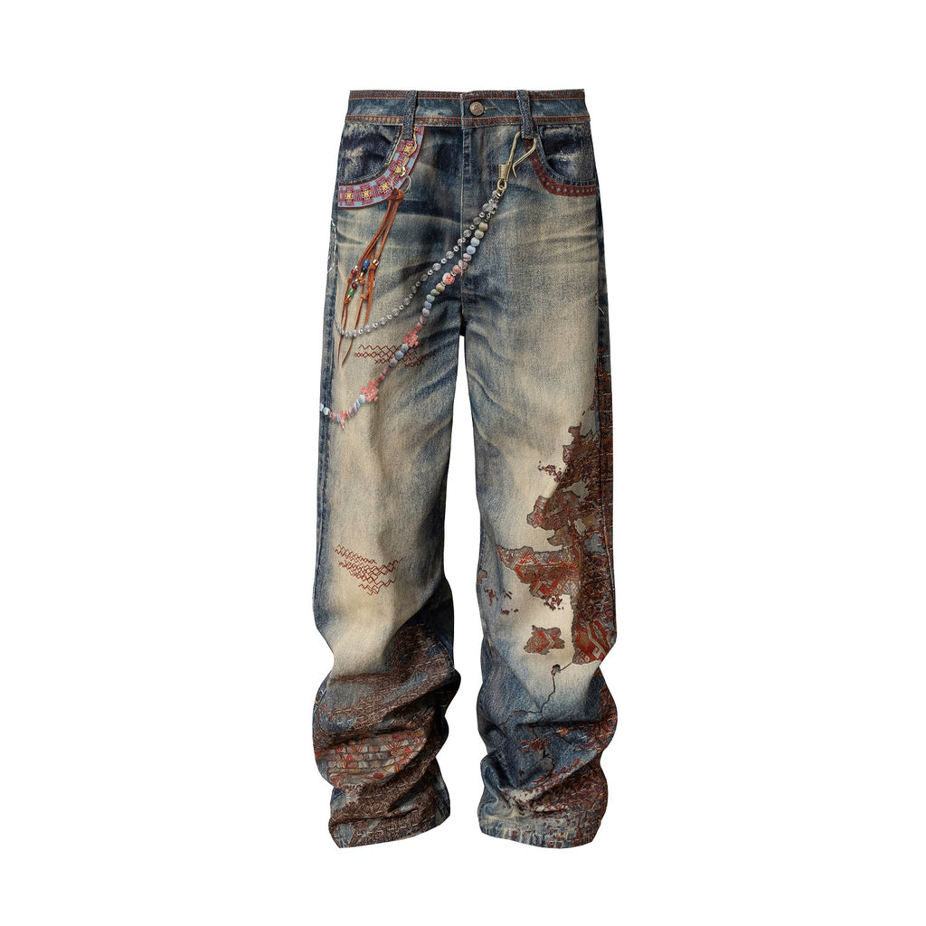 YADcrew Ragged Embroidered Print Denim Trousers