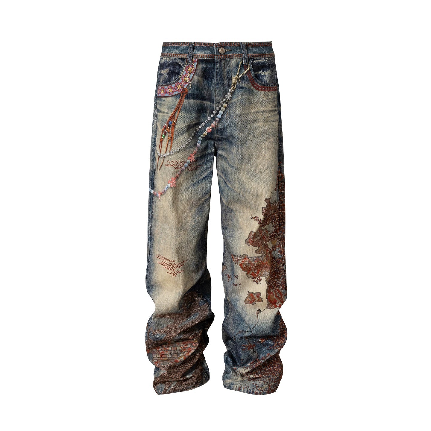 YADcrew Ragged Embroidered Print Denim Trousers