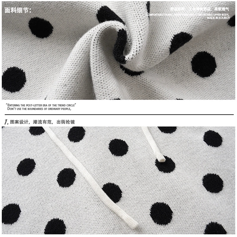 Mershier Vintage Polka Dot V-Neck Hooded Knitted Sweater
