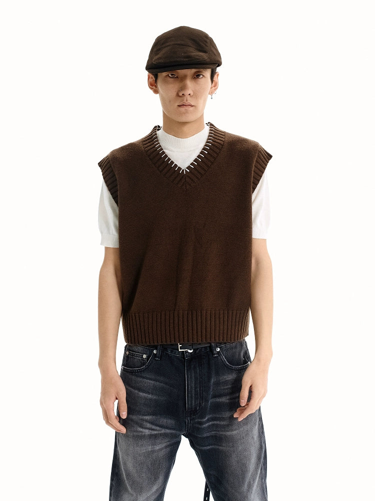 WANNALAB Wool-blend Coarse-needle V-neck Vest