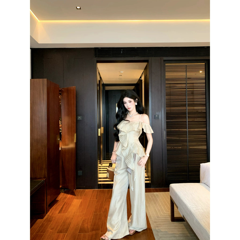 Barb Chill Off-Shoulder Sling Wide Leg Pants Set