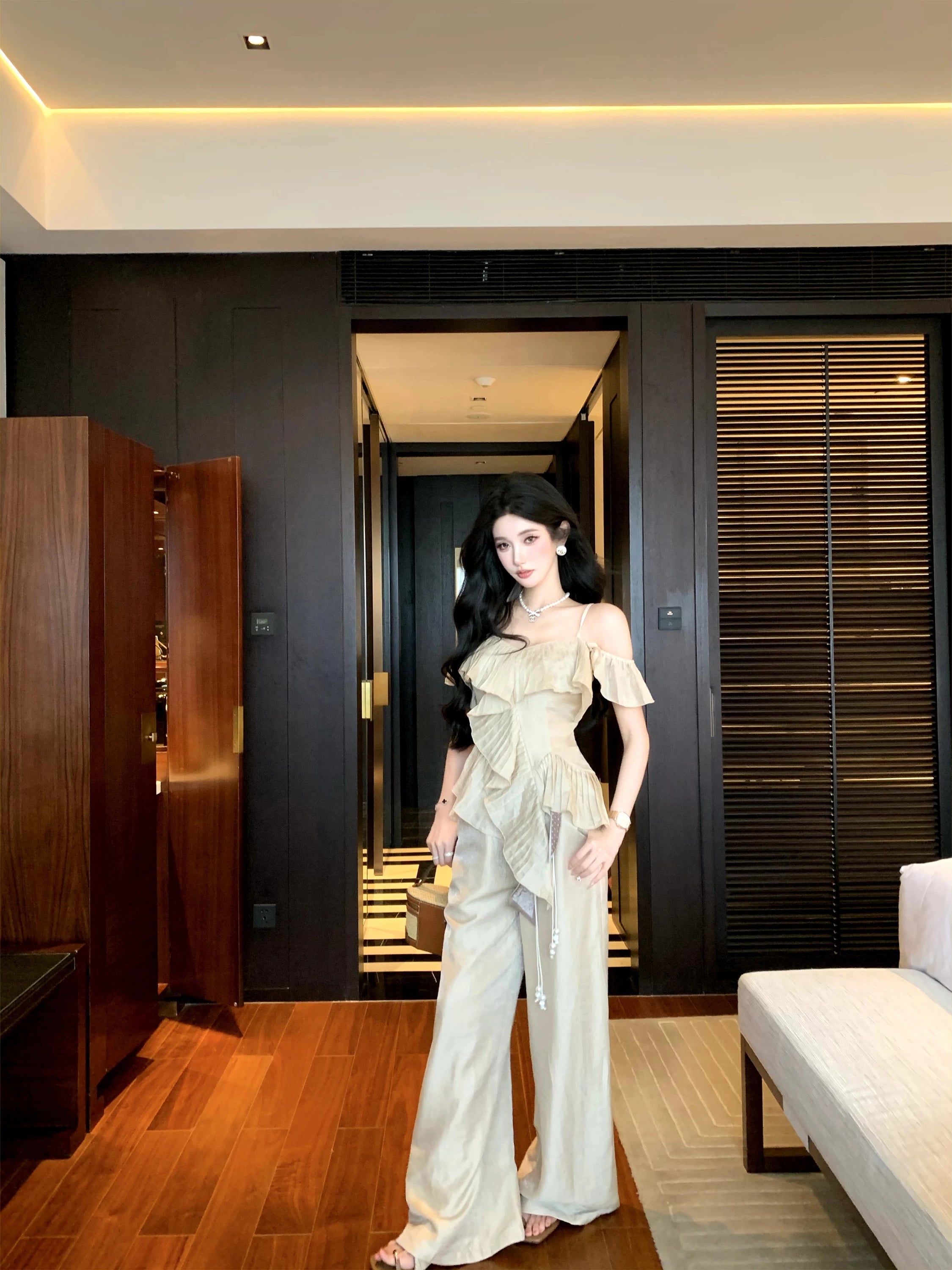 Barb Chill Off-Shoulder Sling Wide Leg Pants Set