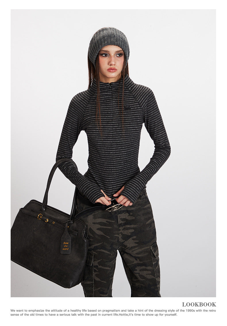 Nariele Stand Neck Slim Fit Striped Sports Long Sleeve