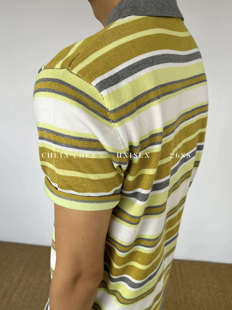 Chein Contrasting Striped Knitted Polo Shirt