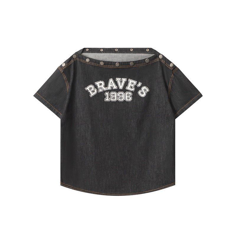 Nariele Print Loose One-letter Collar Sloping Shoulder Tee