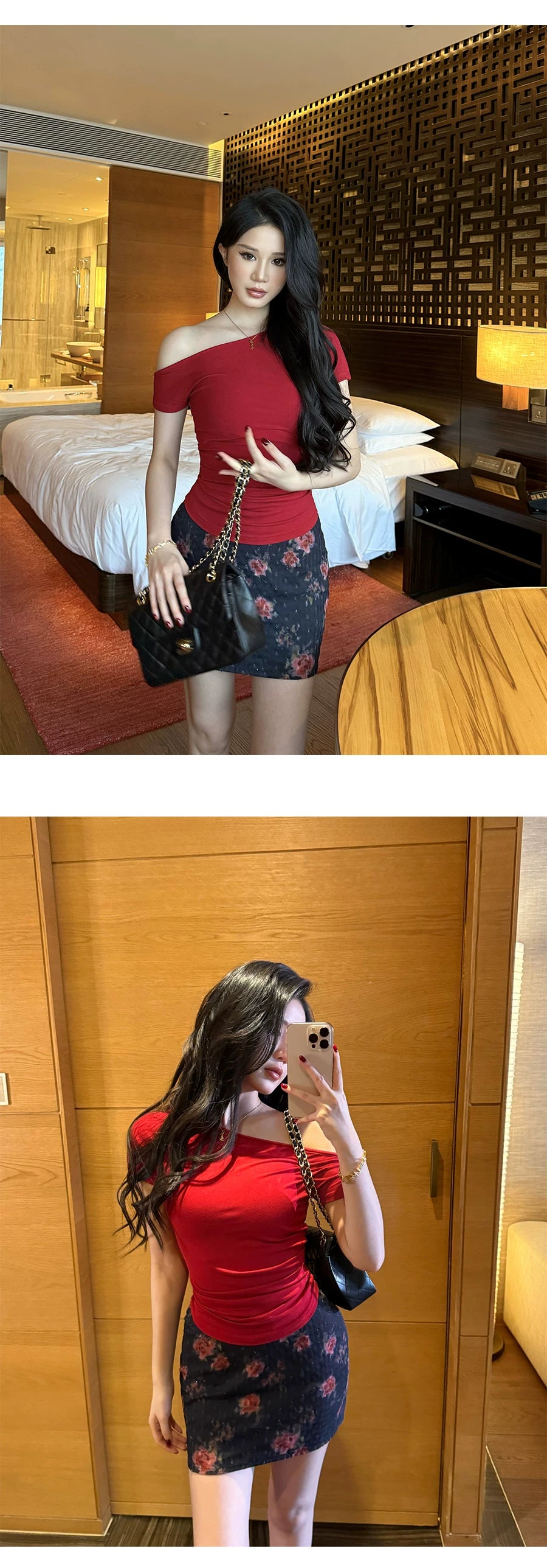 LLROGE Retro One-word Shoulder Tee Print Skirt Set