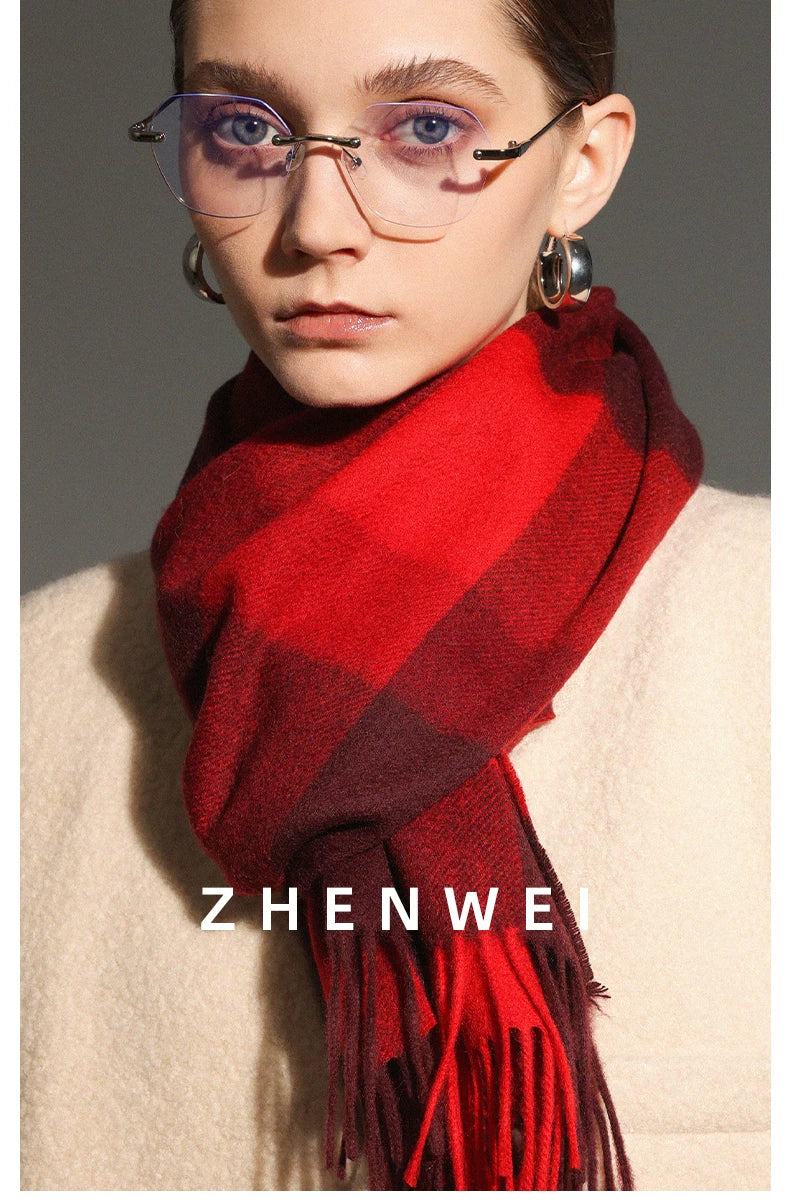 ZHENWEI 100% Wool Plaid Scarf