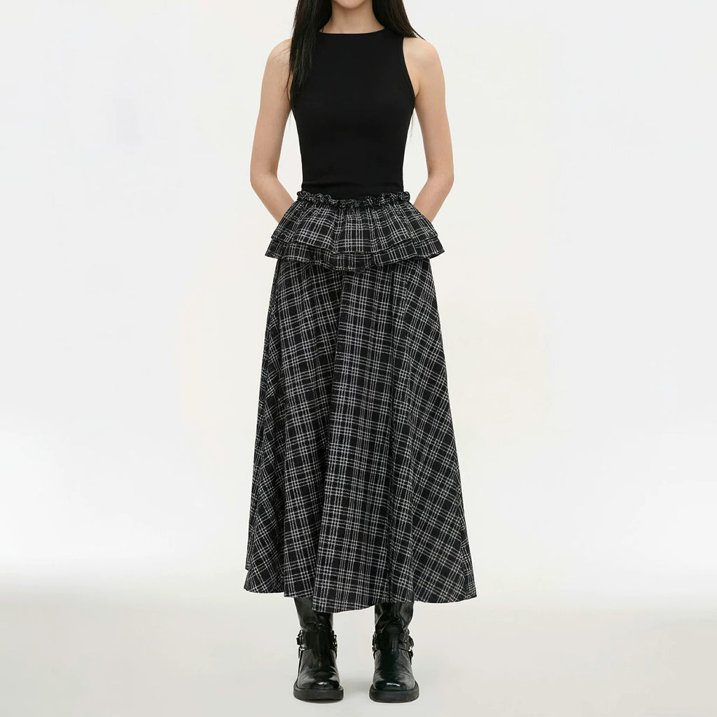 FUNOFF Plaid Stitching Simple Off-the-shoulder Slim-fitting Waist Dress