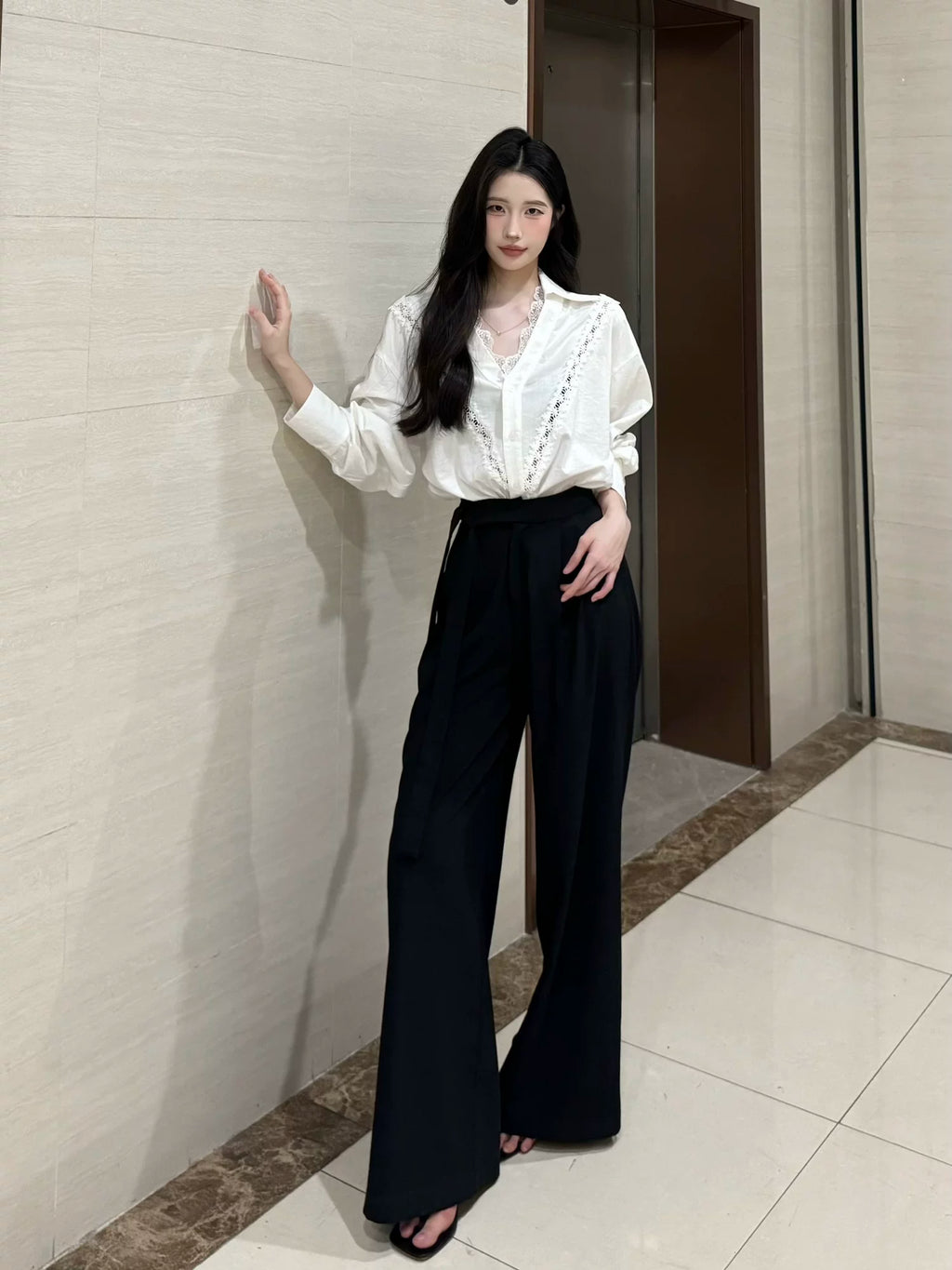 PANPANSTUDIO Simple Linen Old Money Style Shirt Wide Leg Pants Set