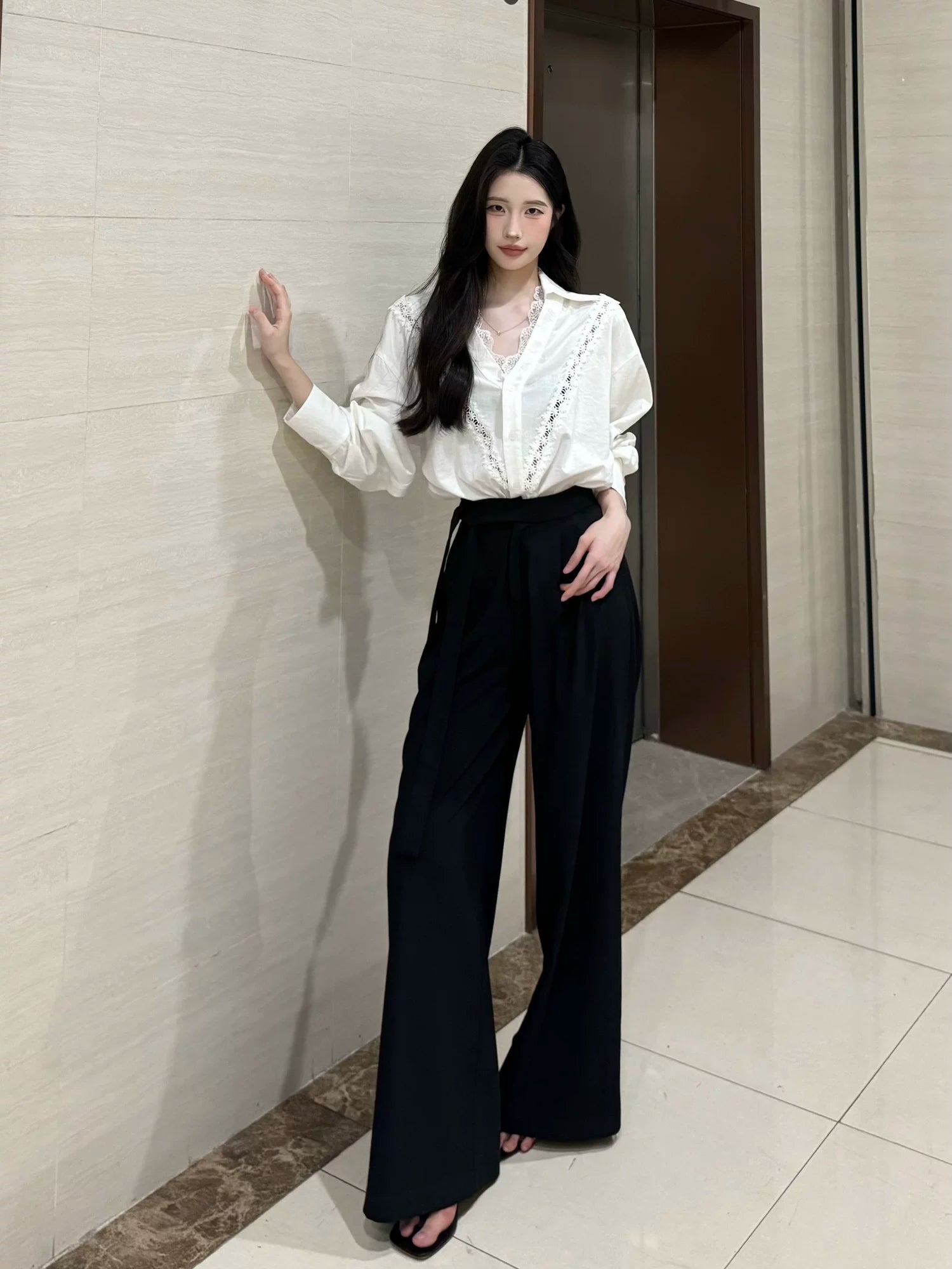 PANPANSTUDIO Simple Linen Old Money Style Shirt Wide Leg Pants Set