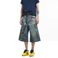 BTSG 3D digital printing ink splashing chain denim shorts